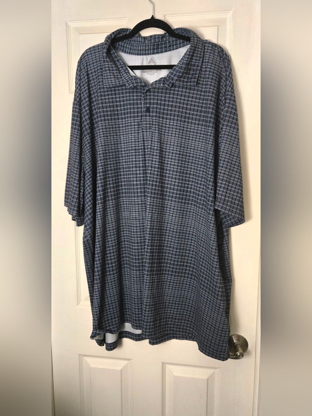 adidas Navy and White Windowpane Plaid Polo